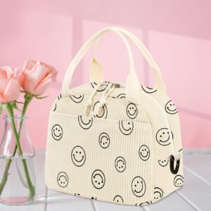 WOBAGMEN Lunch Bag for Women Men,Cute Corduroy Lunch Box Large Lunch Bag With Shoulder Strap Smiley Lunch Tote Bag, Insulated Cooler Lunch Case Reusable Lunch Box for Work Picnic