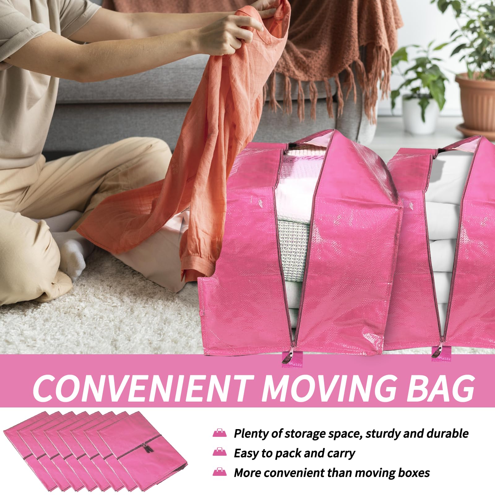 Moving Bags 8PCS Extra Large with Carrying Handles Backpack Straps, Heavy Duty Moving Bags for Space Saving Packing, Storage Totes of College Essentials Moving Supplies (Pink)