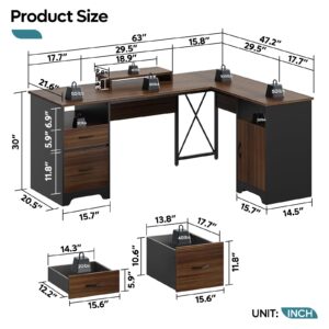 Bestier L Shaped Desk with File Drawers, 63" x 47" Office Computer Desk with Storage Cabinet, Corner Desk with Monitor Stand & Modesty Panel for Home Office, Cherry