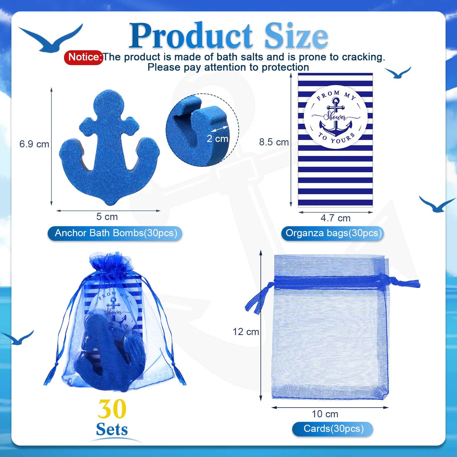 Swiffen 30 Sets Nautical Theme Baby Shower Favors Include Navy Blue Bubble Anchor Shape Bath Bombs Thank You Card Organza Bag for Spa Guests Wedding Birthday Gender Reveal Party Decoration