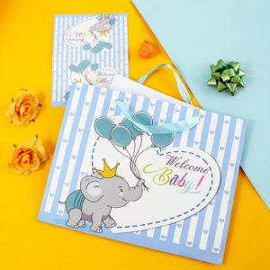 U'COVER 13" Welcome Baby Boy Girl Gift Bags for Baby Shower Medium Size with Ribbon Handles Cute Elephant Balloon Kraft Paper Bag with Tissue Paper Greeting Card 13 X 4.7 X 10 inch