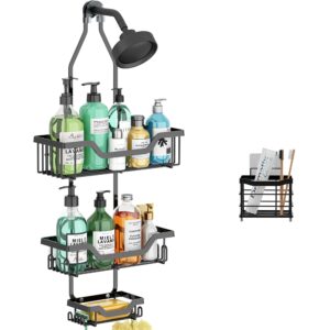 hanging shower caddy over shower head for shampoo, bathroom organizer with 12 hooks for towels, sponge, razor, rustproof shower storage shelf racks, 1 soap holder 1 toothpaste holder - black 3-tier