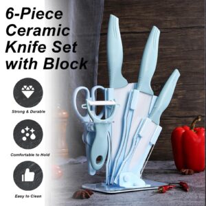 Kitchen Ceramic Knife, 6 Pieces Blue Ceramic Knife Set for Kitchen With Block, Rust Proof & Stain Resistant, Ultra Sharp Cooking Knife Set with Ceramic Peeler & Scissors for Home Restaurant (Blue)