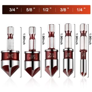 Pylevemv 5Pcs Countersink Drill Bit Set, Premium Countersink Drill Bit with 82-Degree, 5 Flutes, Quick-Change Hex Shank, 1/4 Inch to 3/4 Inch Size, Countersink Drill Bits for Wood, Metal, Plastic