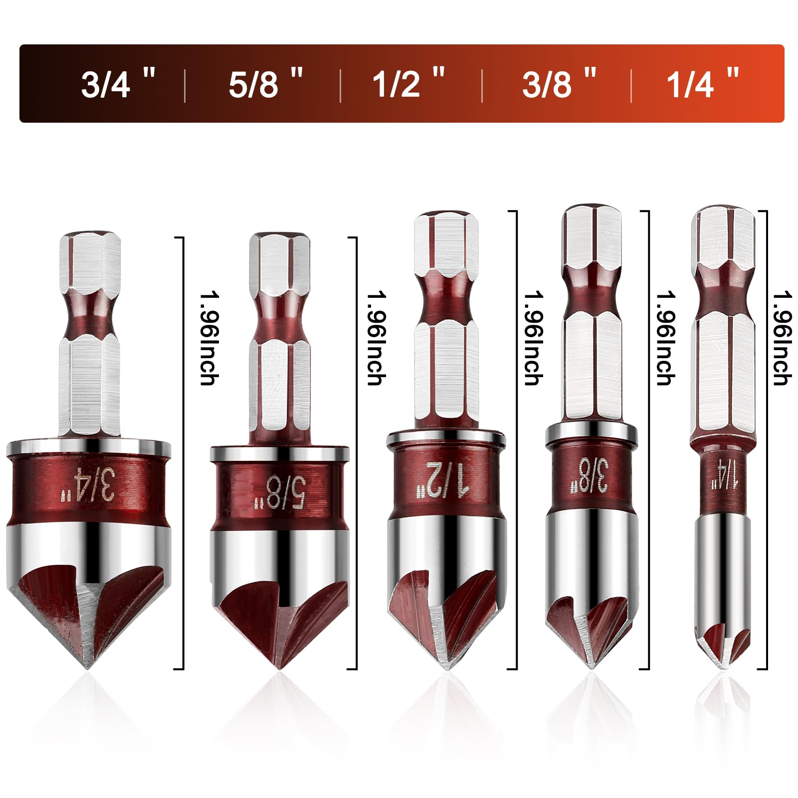 Pylevemv 5Pcs Countersink Drill Bit Set, Premium Countersink Drill Bit with 82-Degree, 5 Flutes, Quick-Change Hex Shank, 1/4 Inch to 3/4 Inch Size, Countersink Drill Bits for Wood, Metal, Plastic