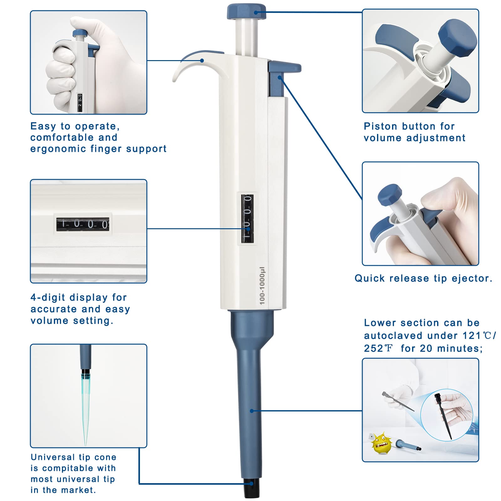 HUWAZINE micropipettes kit 2-20ul 20-200ul 100-1000ul, Universal Pipette Tips 100ul 200ul 1000ul, Linear Pipette Stand (SC-Pipettor-3pcs-D)