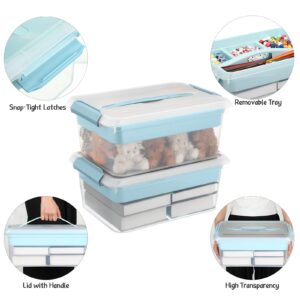 Skybooly 3 Pack Stack and Carry Box Clear Plastic Storage Container Stackable Home Utility Box with Removable Tray Multipurpose Bins with Handle Lid for Stationery Sewing Art Craft Supplies (Blue)