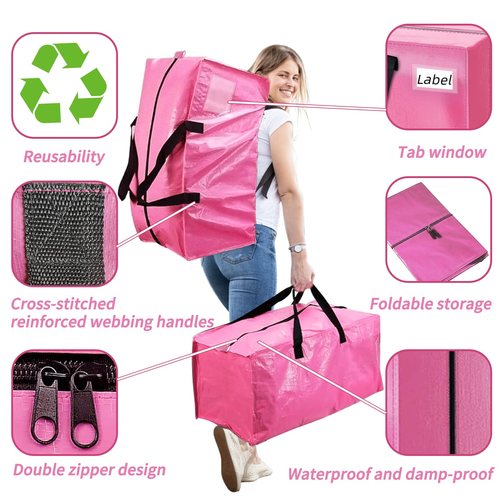 Moving Bags 8PCS Extra Large with Carrying Handles Backpack Straps, Heavy Duty Moving Bags for Space Saving Packing, Storage Totes of College Essentials Moving Supplies (Pink)