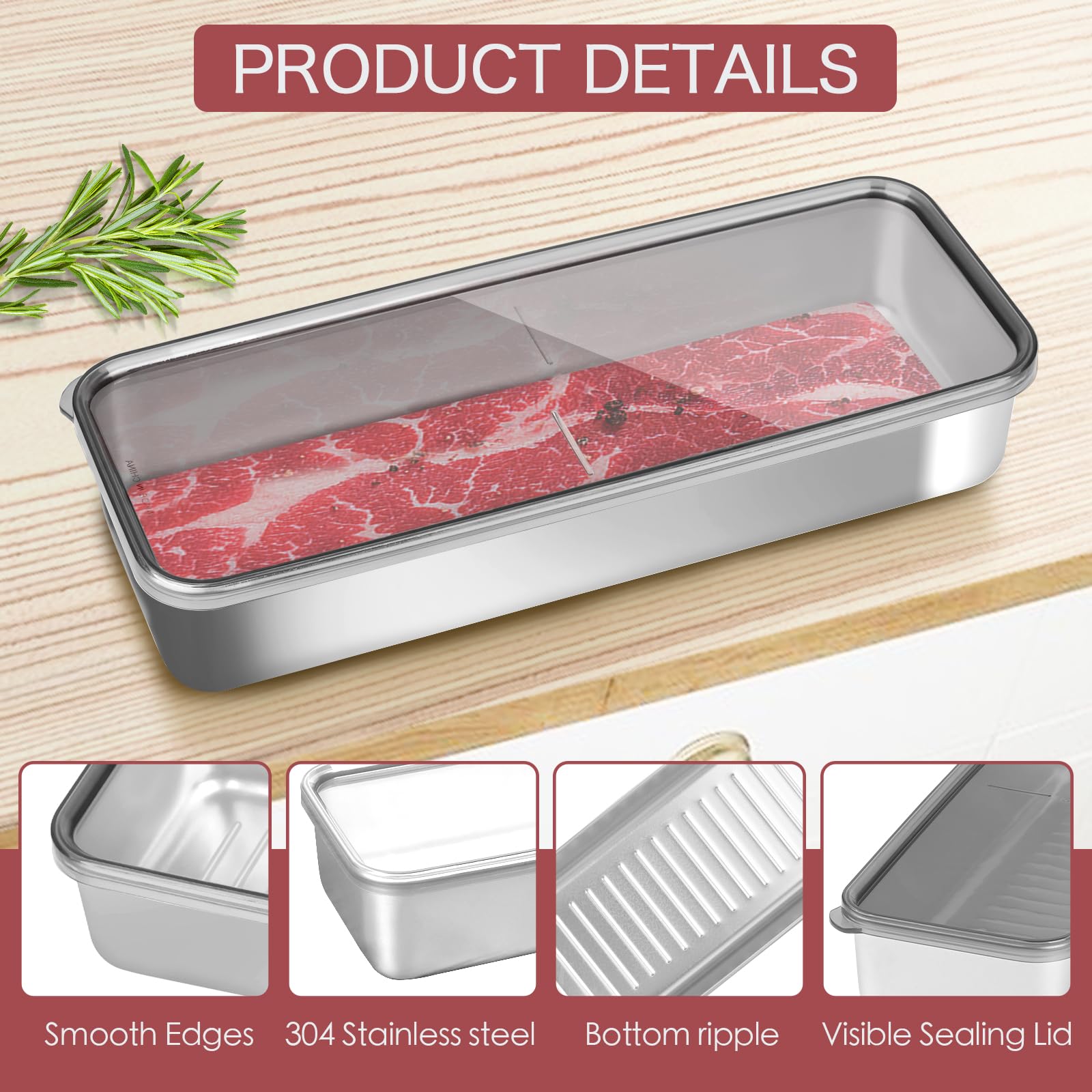 Maxracy Food Storage Container, 304 Stainless Steel Bacon Container for Refrigerator, Deli Meat Keeper Fridge Storage (1PCS Bacon Container- 34 FL OZ)