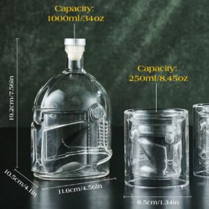 Galaxy Whiskey Decanter Set for Men, 34 Oz Decanter with Two Glasses, Handmade Leadfree Glass Decanter Set with Unique Helmet Design, Gift for Men, Dad, Him, Cool Drinking Accessories for Home Bar