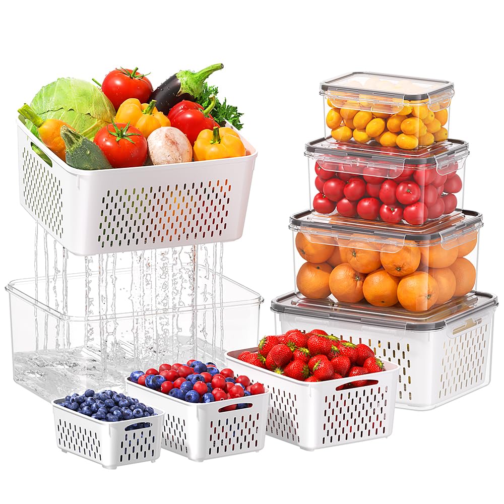 5 PCS Large Fruit Storage Containers for Fridge, Airtight Food Storage Containers with Removable Colander, Dishwasher & Microwave Safe, Berries Containers Keep Vegetables, Fruits Fresh Longer