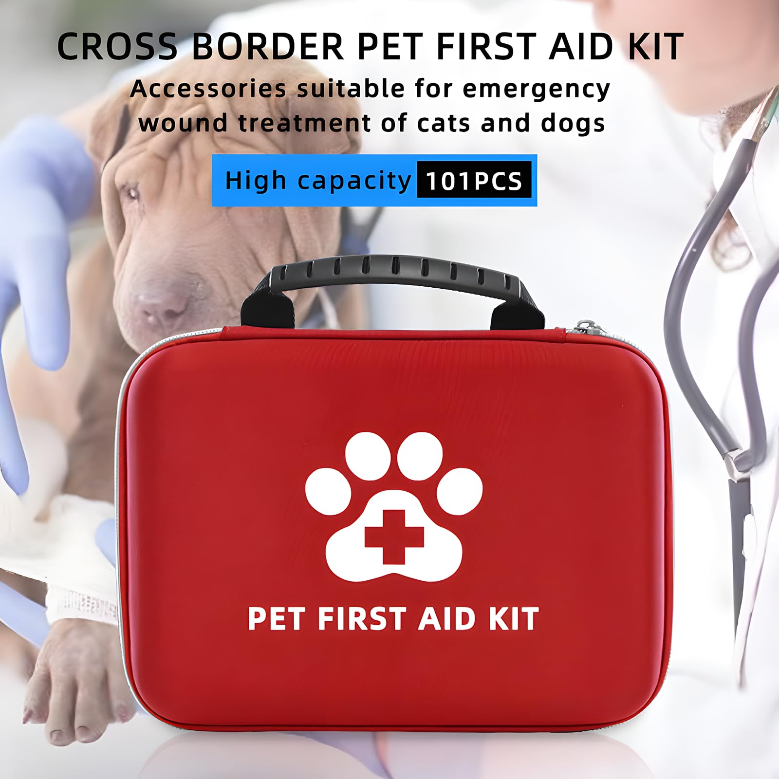 GongXueShu Dog First Aid Kit Home Travel Car First Aid Kit Emergency Kit Dog Travel Accessories – Pet Camping Essentials 101 Pieces with Thermometer and Mini First Aid Pouch & Emergency Collar, Red