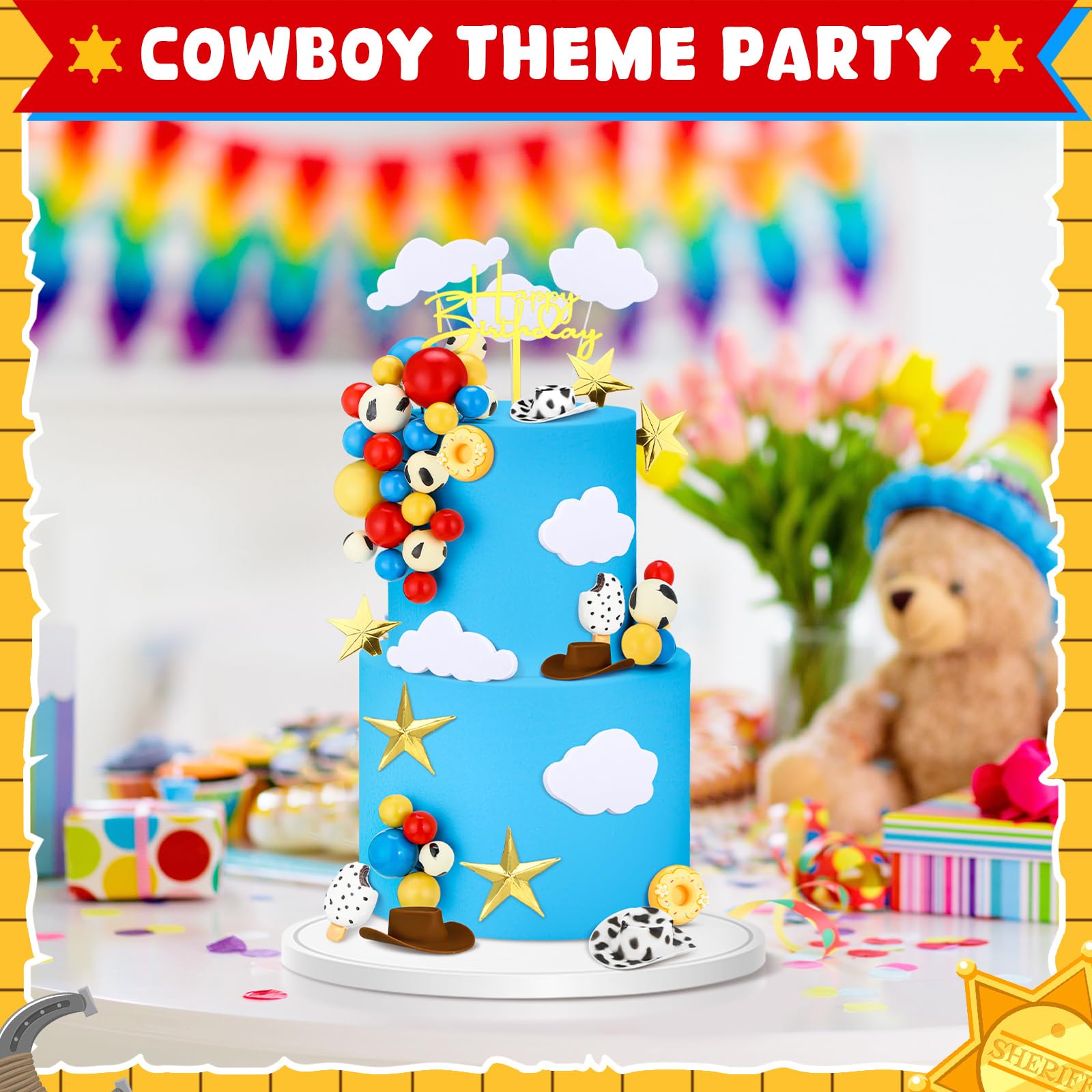 GlikCeil 57 Pcs Cartoon Cake Topper Kit Cow Birthday Party Decorations Red Blue and Yellow Cake Toppers Cow Baby Shower Supplies for Cupcake Party Decorations