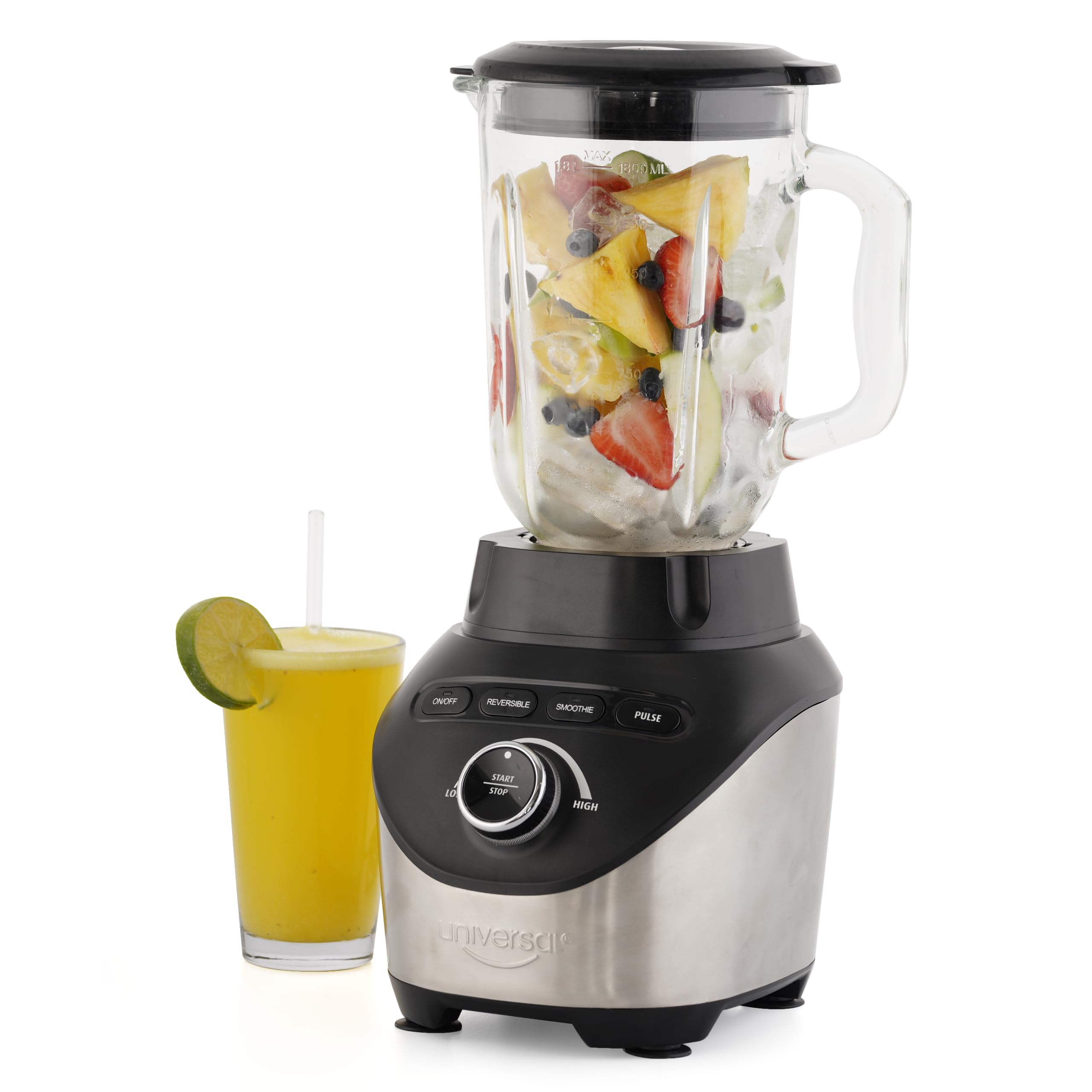 Universal 1500 Watt Turbo Elite Max Blender, 71oz - 9-cup / 2.1 Liter Glass Pitcher, Premium Blender for Smoothies, Sauces, & Batters, 3 Speed Settings, Powerful 6 Stainless Steel Blades