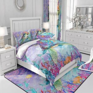 Feelyou Sea Turtle Bedding Set Full Size Animal Blue Coastal Comforter Cover Set for Boys Girls Mermaid Scales Beach Coastal Duvet Cover Breathable Ocean Summer Bedspread Cover Room Decor Quilt Cover