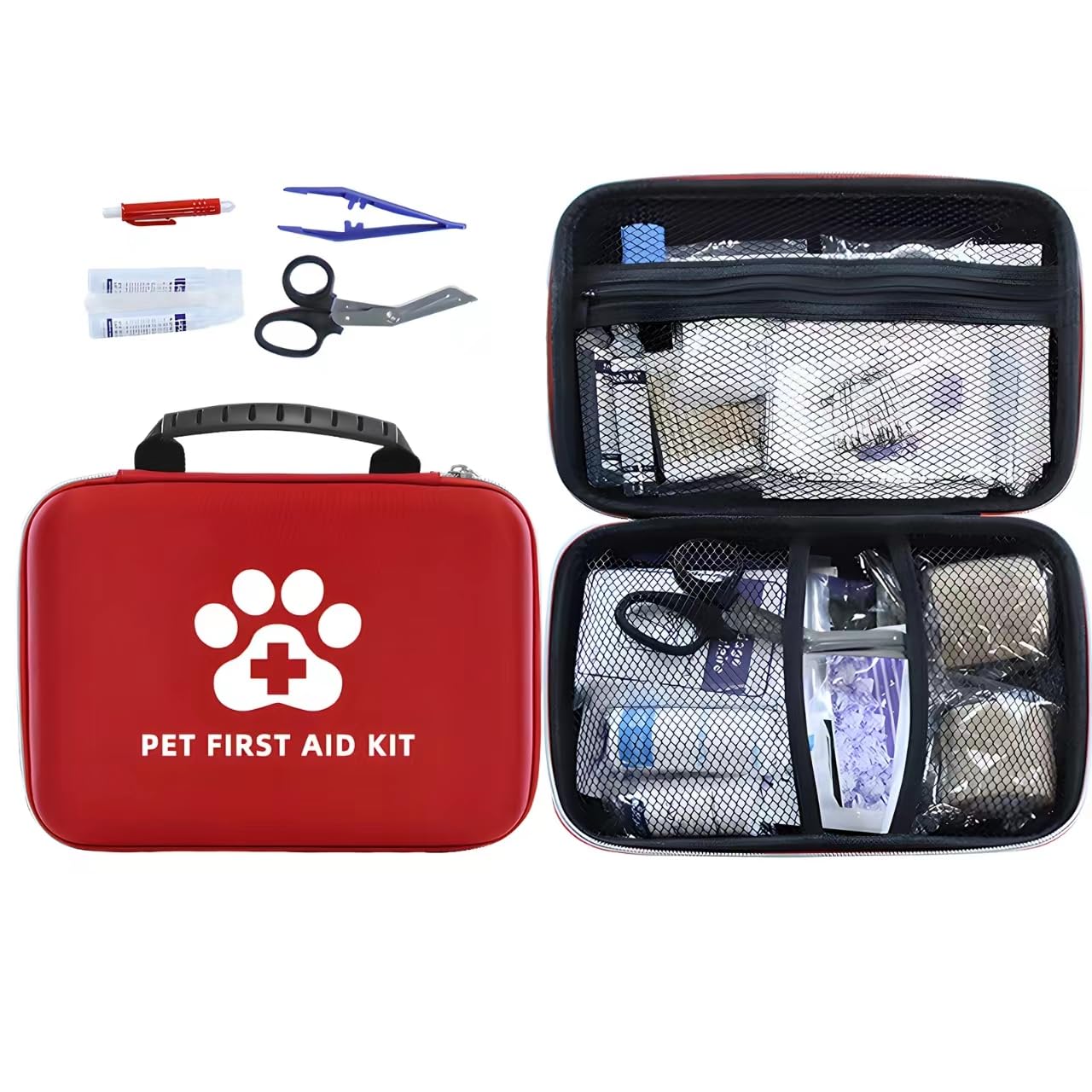 GongXueShu Dog First Aid Kit Home Travel Car First Aid Kit Emergency Kit Dog Travel Accessories – Pet Camping Essentials 101 Pieces with Thermometer and Mini First Aid Pouch & Emergency Collar, Red