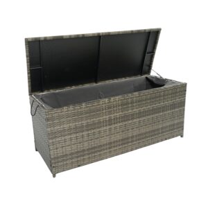 113 gallon waterproof large wicker patio deck box with lids, outdoor indoor storage box home bench storage container cabinet for furniture cushions, pillows, kids toys and garden tools, gray