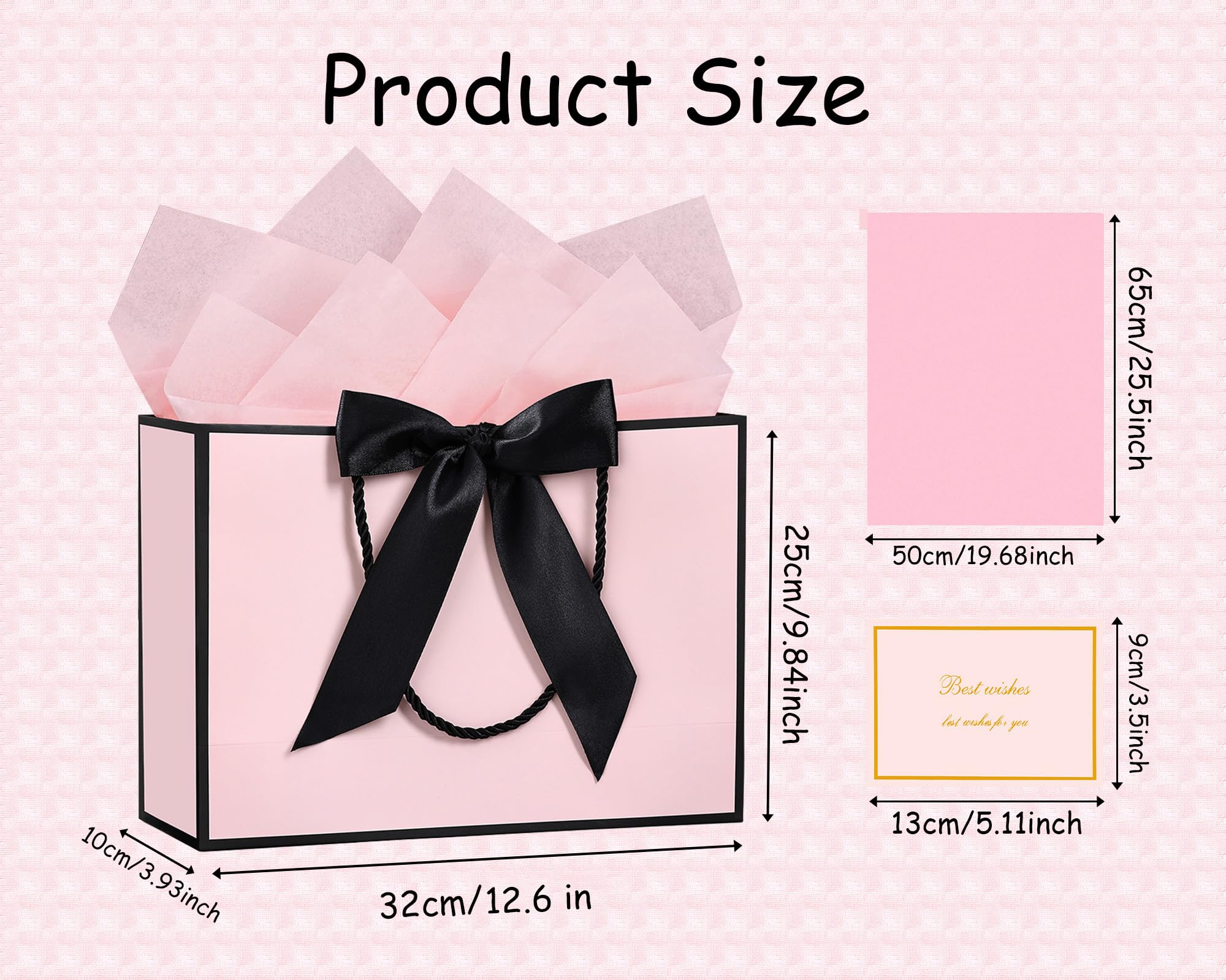 JMANNI Gift Bags, Large Gift Bags, 1Pcs Paper Gift Bag with 2 Tissue Paper and 1 Greeting Cards, Present Bags with Handles for Women Girls Bridesmaid Birthday Valentines Wedding Party (Black-Pink)