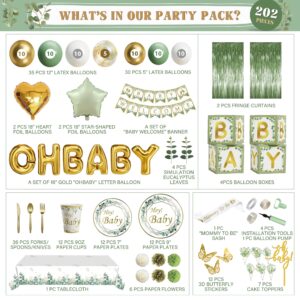 Sage Green Baby Shower Decorations,All In One Set,Neutral Baby Shower Supplies Kit, With 4 Balloon Blocks,12 Tableware Sets, Disposable Plates, "OH BABY" Balloons,Sage Baby Shower Tablecloth, Toppers