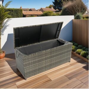 113 Gallon Waterproof Large Wicker Patio Deck Box with Lids, Outdoor Indoor Storage Box Home Bench Storage Container Cabinet for Furniture Cushions, Pillows, Kids Toys and Garden Tools, Gray