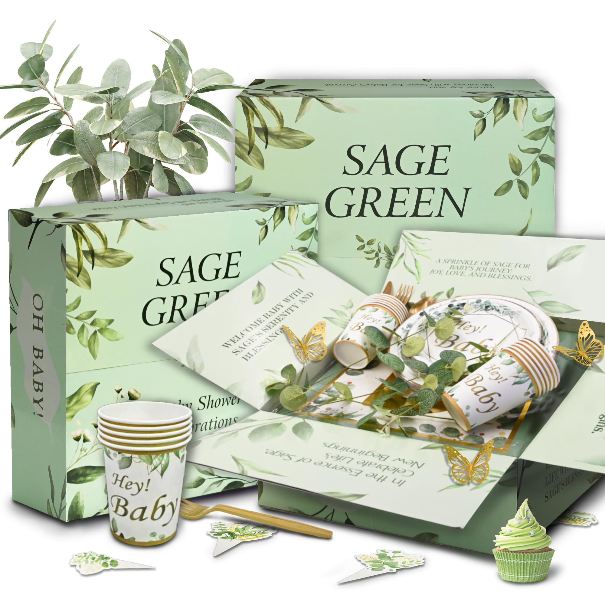 Sage Green Baby Shower Decorations,All In One Set,Neutral Baby Shower Supplies Kit, With 4 Balloon Blocks,12 Tableware Sets, Disposable Plates, "OH BABY" Balloons,Sage Baby Shower Tablecloth, Toppers