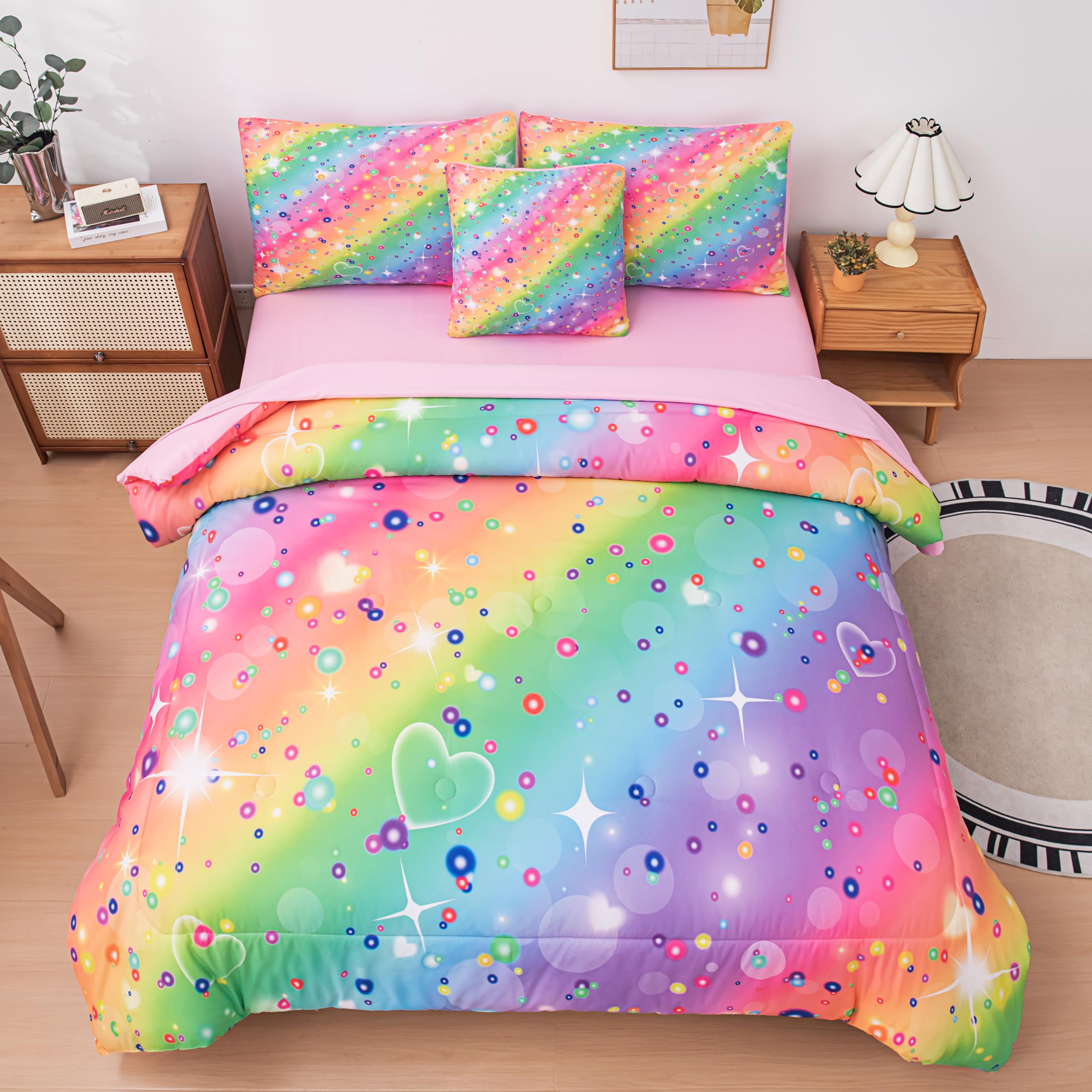 MWMWMW Full Size Comforter Sets for Girls, Kids Bedding Sets for Girls, Rainbow Comforter Full, 6 Pcs Bed in a Bag Girls (1Comforter, 1Flat Sheet, 1Fitted Sheet, 1 Pillow Cover, 2Pillowcases)