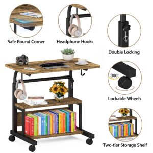 Autex Portable Desk with Storage Shelves, Height Adjustable Desk with Wheels, Small Rolling Desk with Hooks, Standing Desk on Wheels for Home Office, Mobile Computer Table for Small Space