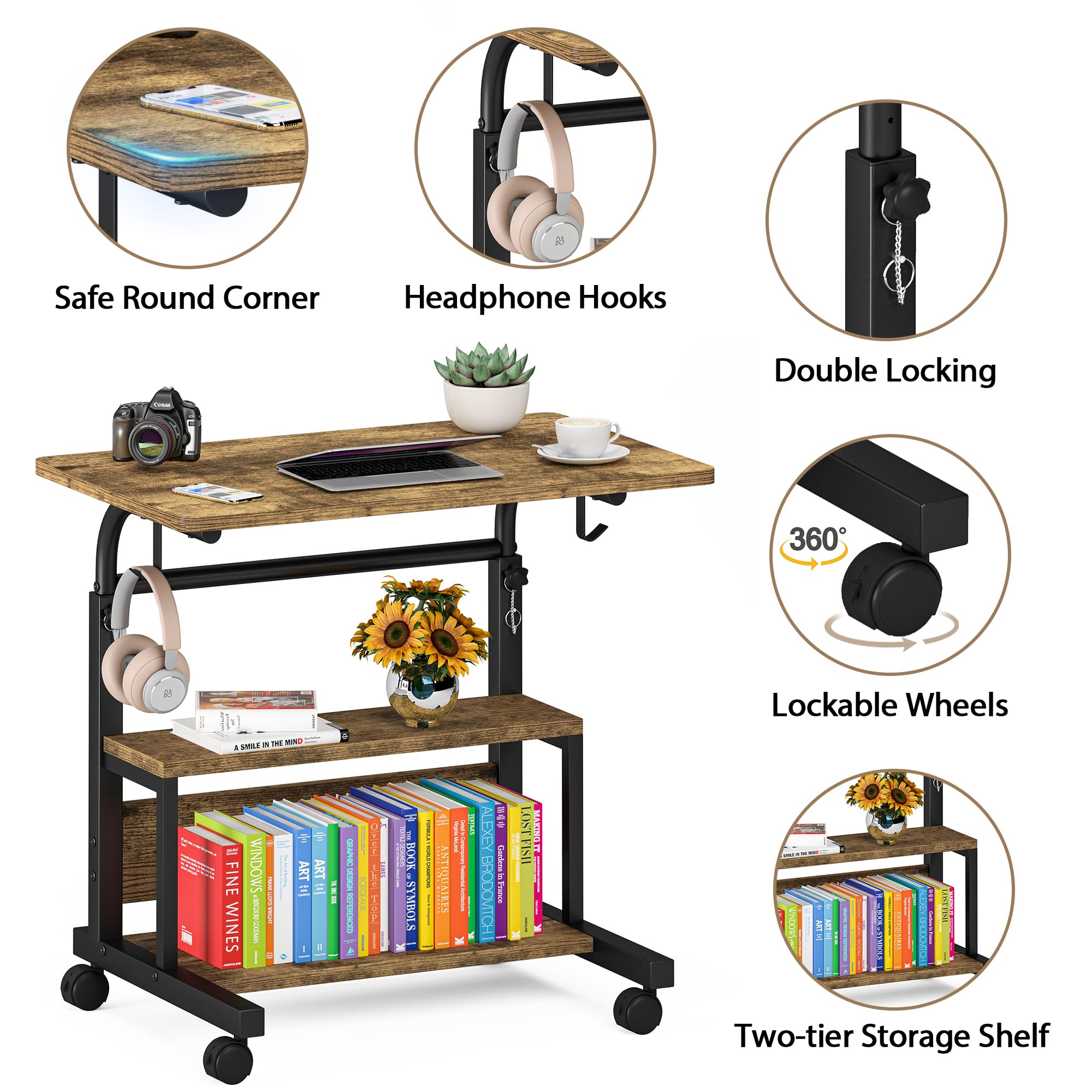 Autex Portable Desk with Storage Shelves, Height Adjustable Desk with Wheels, Small Rolling Desk with Hooks, Standing Desk on Wheels for Home Office, Mobile Computer Table for Small Space