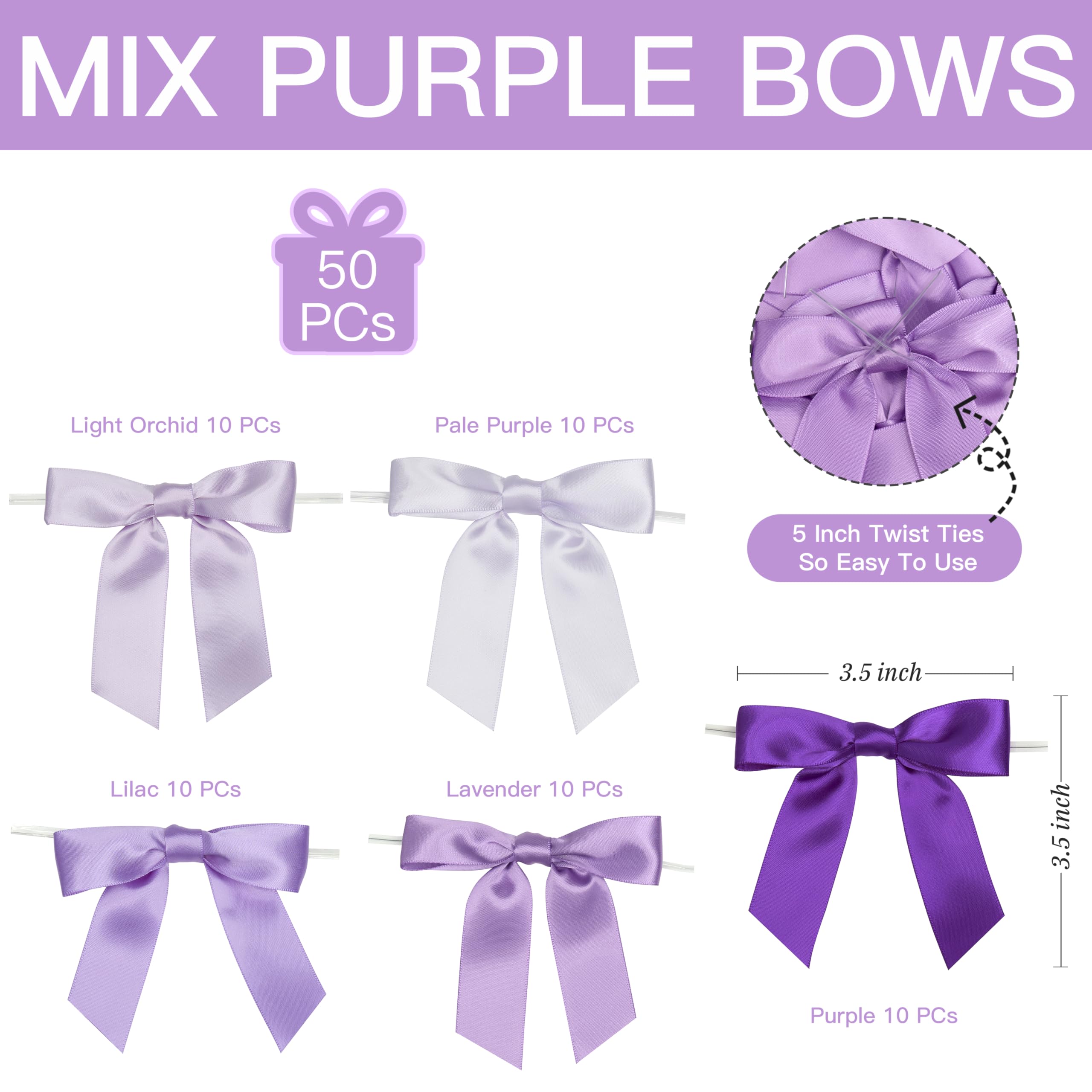 LIZLOVESS 5 Colors Purple Twist Tie Bows for Treat Bags 3.5" Pre-Tied Lilac Satin Ribbon Bows Gift Wrap Bows Premade Bows for Crafts, Cake Pops, Wedding, Hair, Party Favors, Baked Goods (50 Pack)