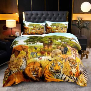 luvivihome 3pcs kids comforter set queen size, safari animal bedding for boys girls, zoo jungle animal tiger lion leopard elephant zebra giraffe african wildlife wild animal bedroom set, 2 pillowcases