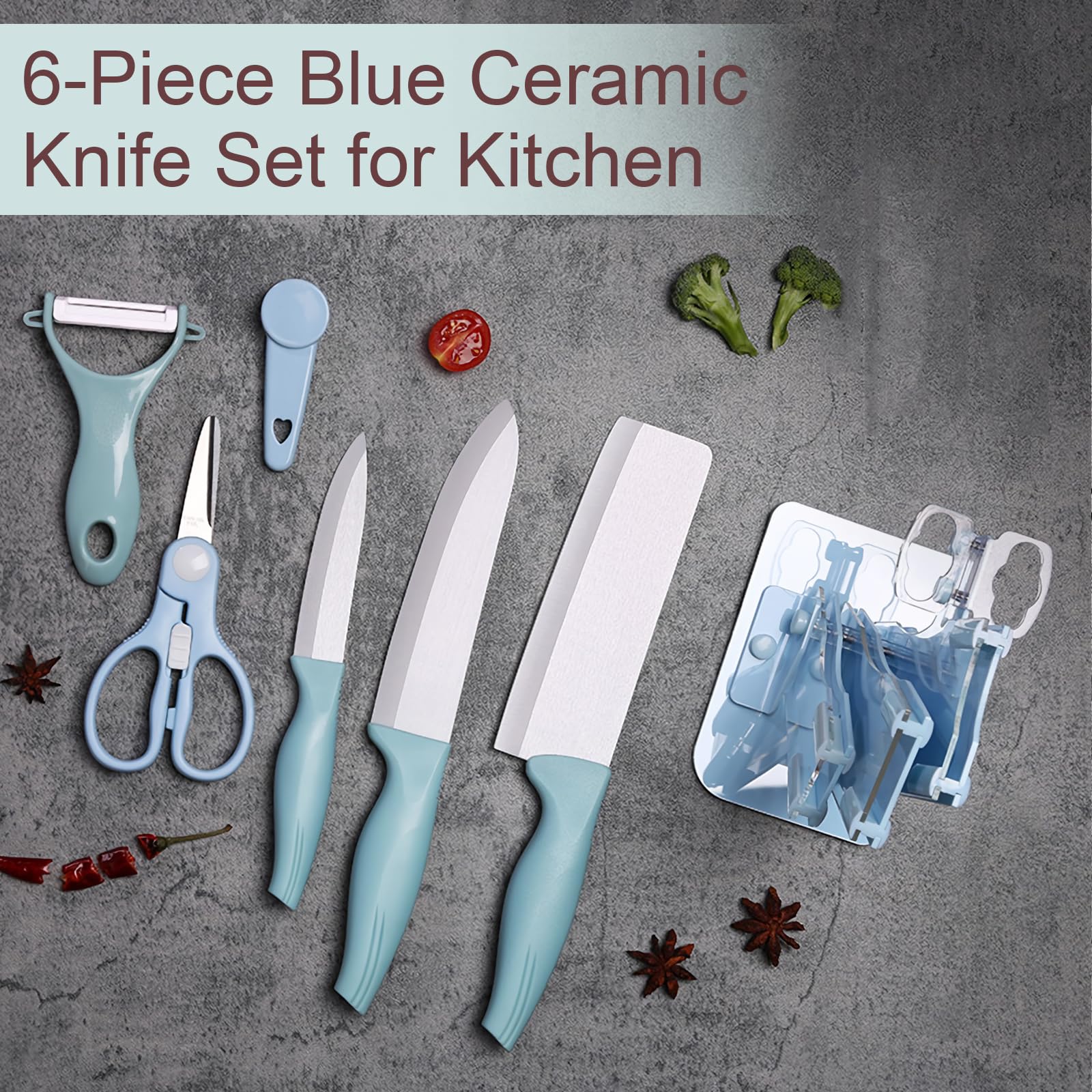 Kitchen Ceramic Knife, 6 Pieces Blue Ceramic Knife Set for Kitchen With Block, Rust Proof & Stain Resistant, Ultra Sharp Cooking Knife Set with Ceramic Peeler & Scissors for Home Restaurant (Blue)