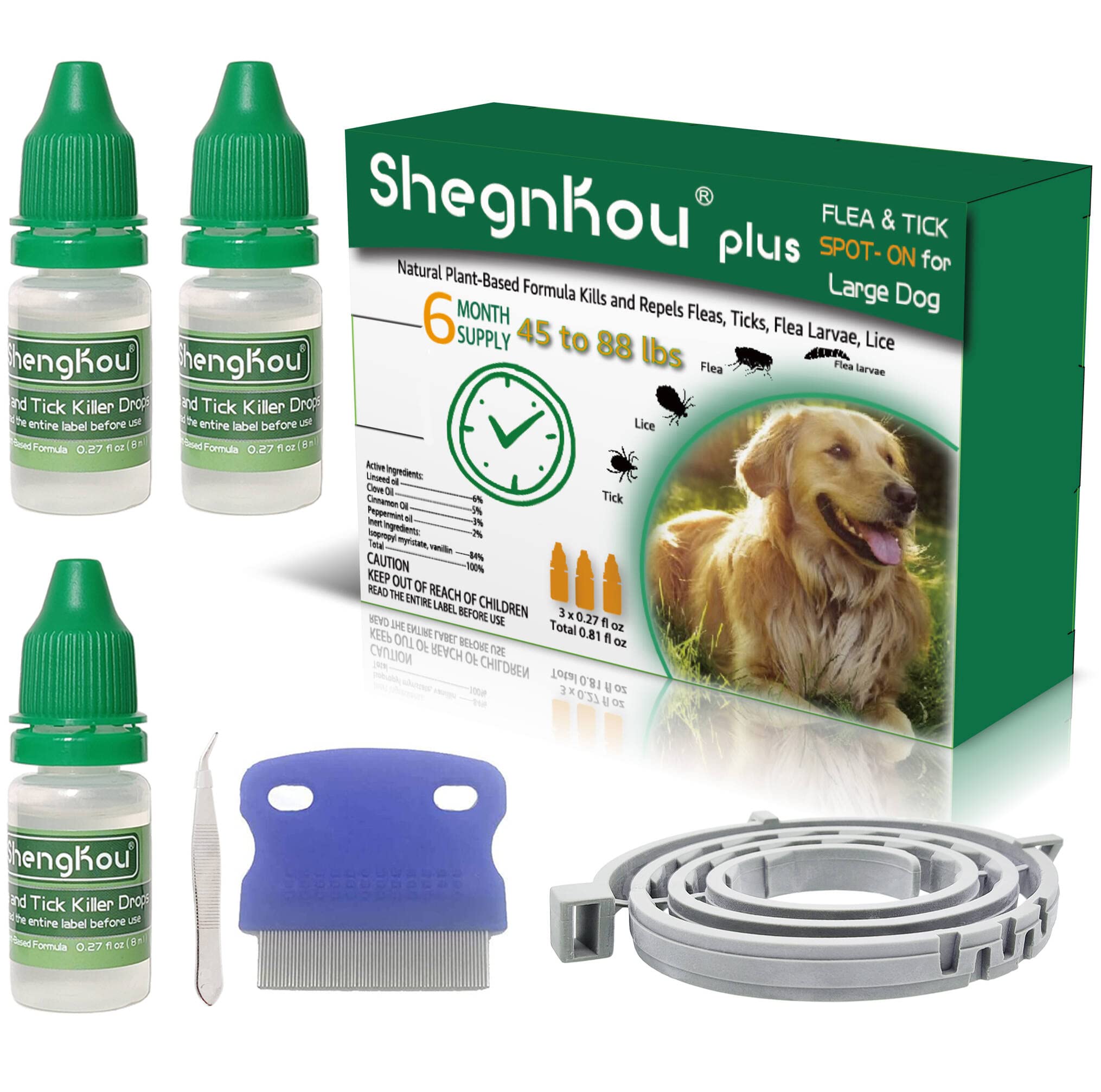 Complete Defense: Dog Flea and Tick Repellent Drops, Effective Pest Control, Natural Formula, Includes Free Flea Collar and Comb, for Dogs 44-88 lbs, (6 Month Supply)