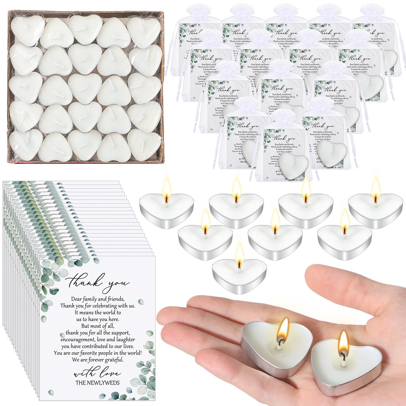 Threlaco 200 Sets Wedding Gifts for Guests Heart Shaped Candles Mini Candles Wedding Candle Gifts for Guests Thank You Cards and Organza Bags for Wedding Party Favors