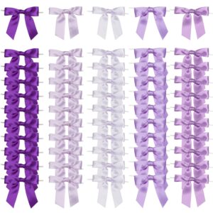 lizlovess 5 colors purple twist tie bows for treat bags 3.5" pre-tied lilac satin ribbon bows gift wrap bows premade bows for crafts, cake pops, wedding, hair, party favors, baked goods (50 pack)