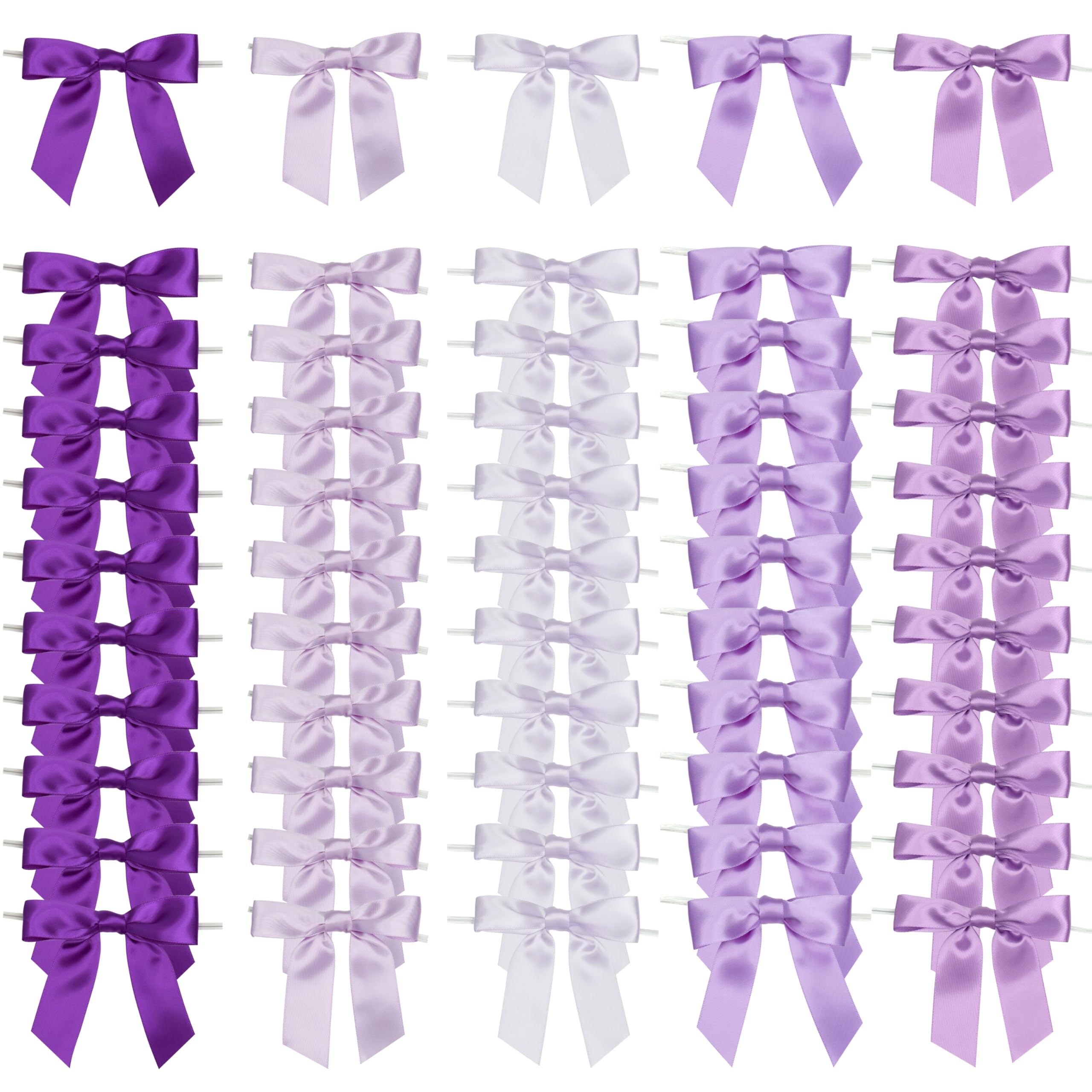 LIZLOVESS 5 Colors Purple Twist Tie Bows for Treat Bags 3.5" Pre-Tied Lilac Satin Ribbon Bows Gift Wrap Bows Premade Bows for Crafts, Cake Pops, Wedding, Hair, Party Favors, Baked Goods (50 Pack)