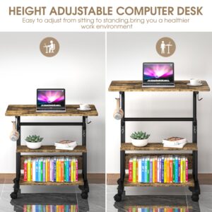 Autex Portable Desk with Storage Shelves, Height Adjustable Desk with Wheels, Small Rolling Desk with Hooks, Standing Desk on Wheels for Home Office, Mobile Computer Table for Small Space