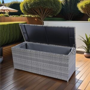 113 Gallon Waterproof Large Wicker Patio Deck Box with Lids, Outdoor Indoor Storage Box Home Bench Storage Container Cabinet for Furniture Cushions, Pillows, Kids Toys and Garden Tools, Gray