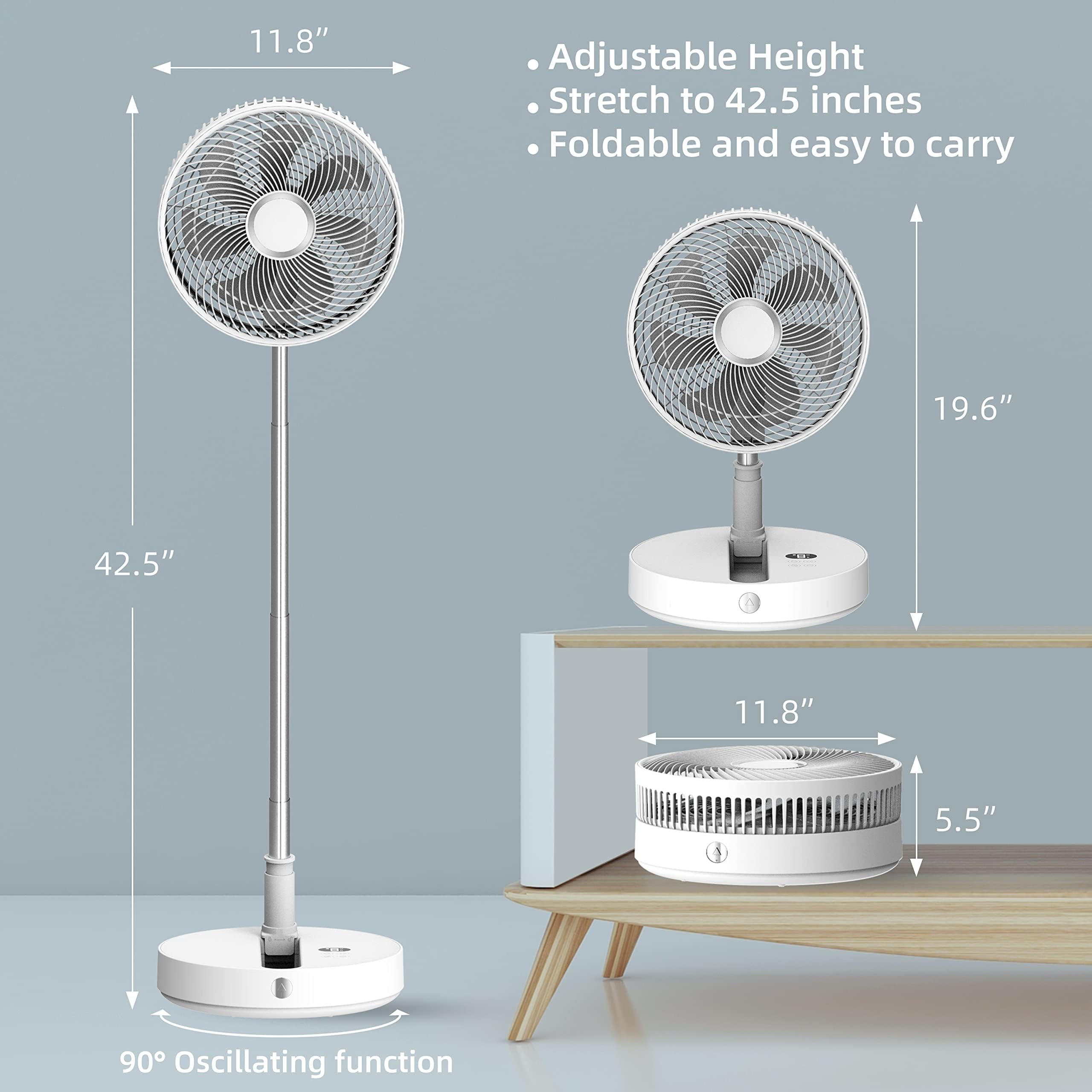 CooCoCo 12" Foldable Rechargeable Fan, Portable Travel Fan, Height Adjustable Oscillating Fan with Remote Control, Cordless Quiet, Standing Fan for Bedroom, Home, Office, Dorm