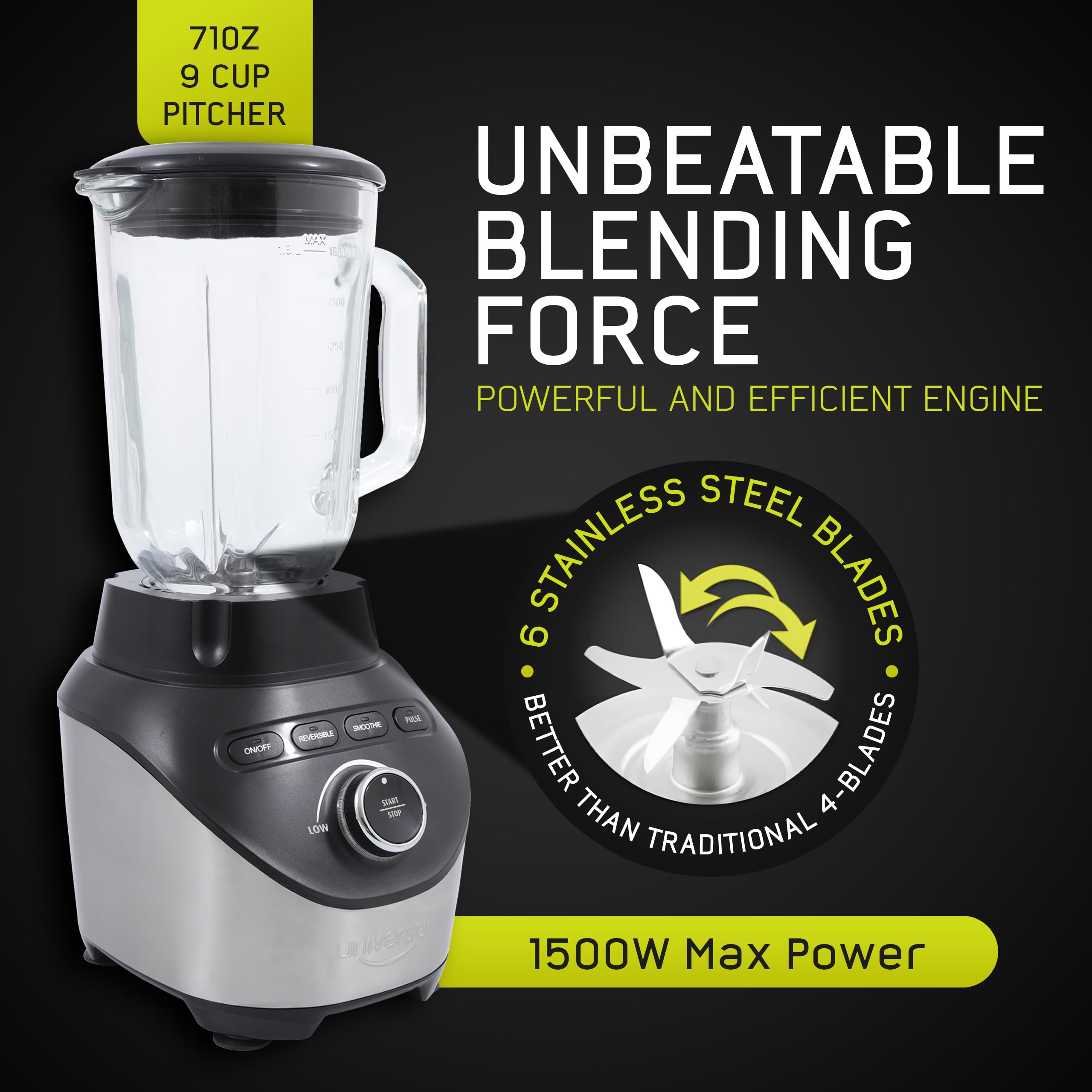 Universal 1500 Watt Turbo Elite Max Blender, 71oz - 9-cup / 2.1 Liter Glass Pitcher, Premium Blender for Smoothies, Sauces, & Batters, 3 Speed Settings, Powerful 6 Stainless Steel Blades