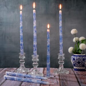 threlaco 9.8" blue and white porcelain long taper candlesticks christmas chinoiserie dripless candle decorations unscented taper candles for party gift home decor