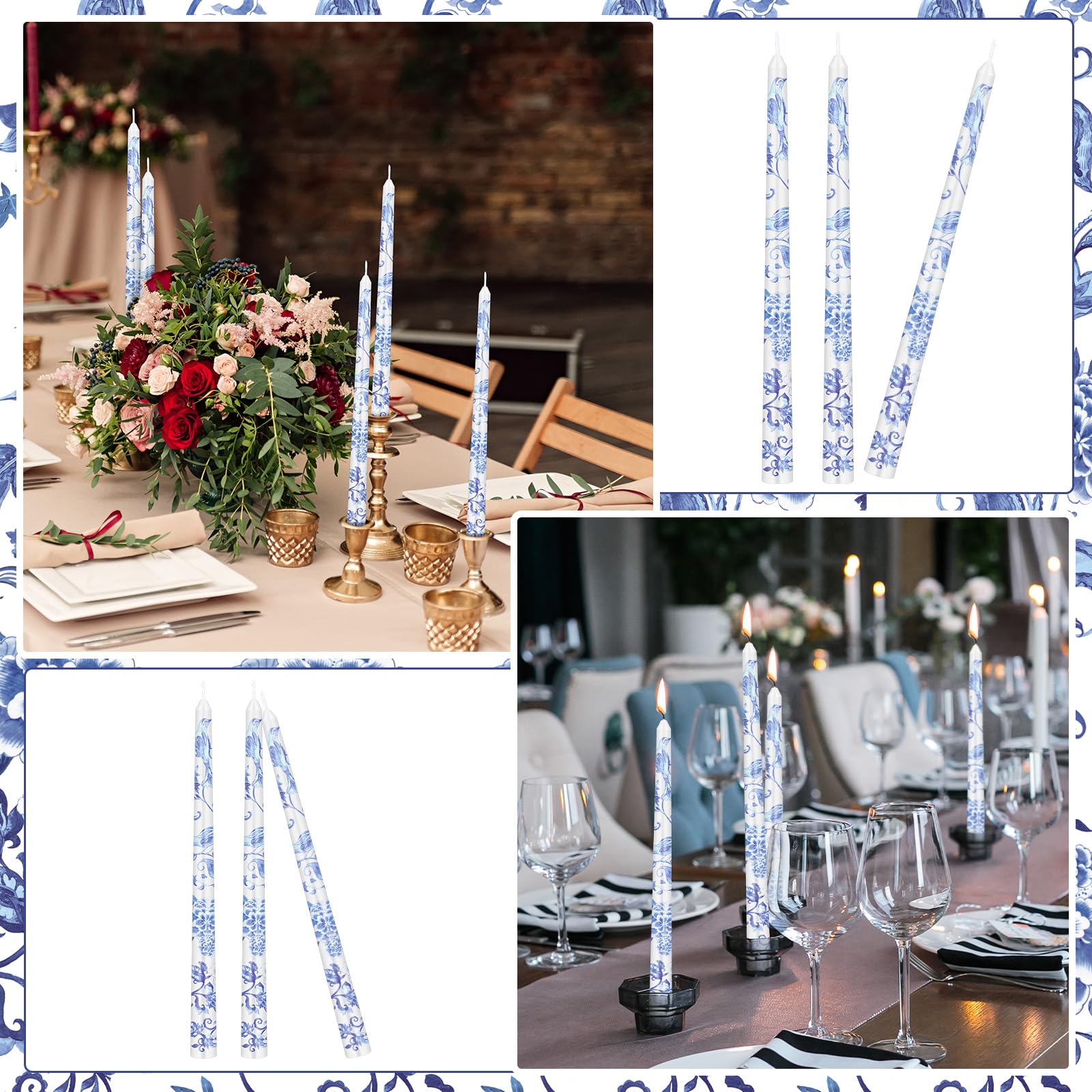 Threlaco 9.8" Blue and White Porcelain Long Taper Candlesticks Christmas Chinoiserie Dripless Candle Decorations Unscented Taper Candles for Party Gift Home Decor