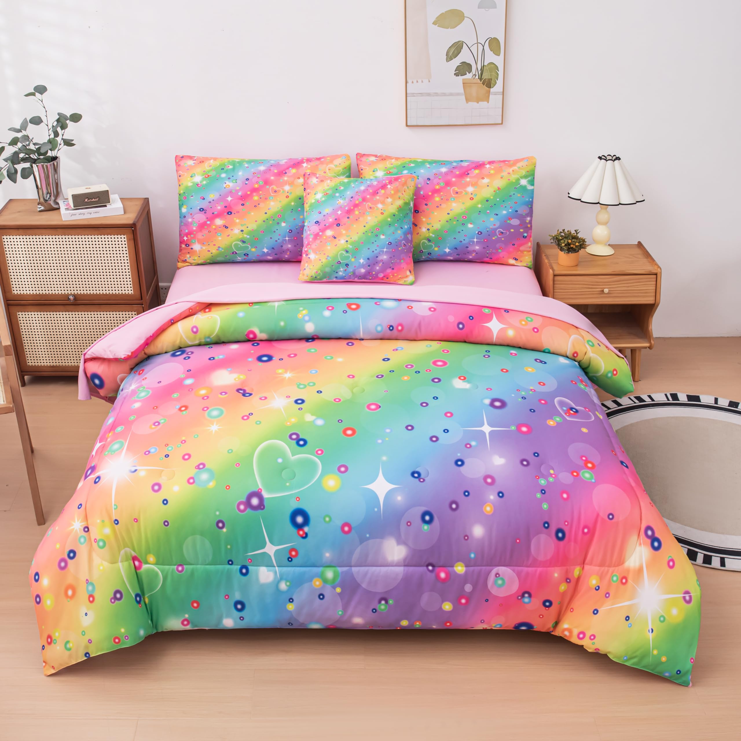 MWMWMW Full Size Comforter Sets for Girls, Kids Bedding Sets for Girls, Rainbow Comforter Full, 6 Pcs Bed in a Bag Girls (1Comforter, 1Flat Sheet, 1Fitted Sheet, 1 Pillow Cover, 2Pillowcases)