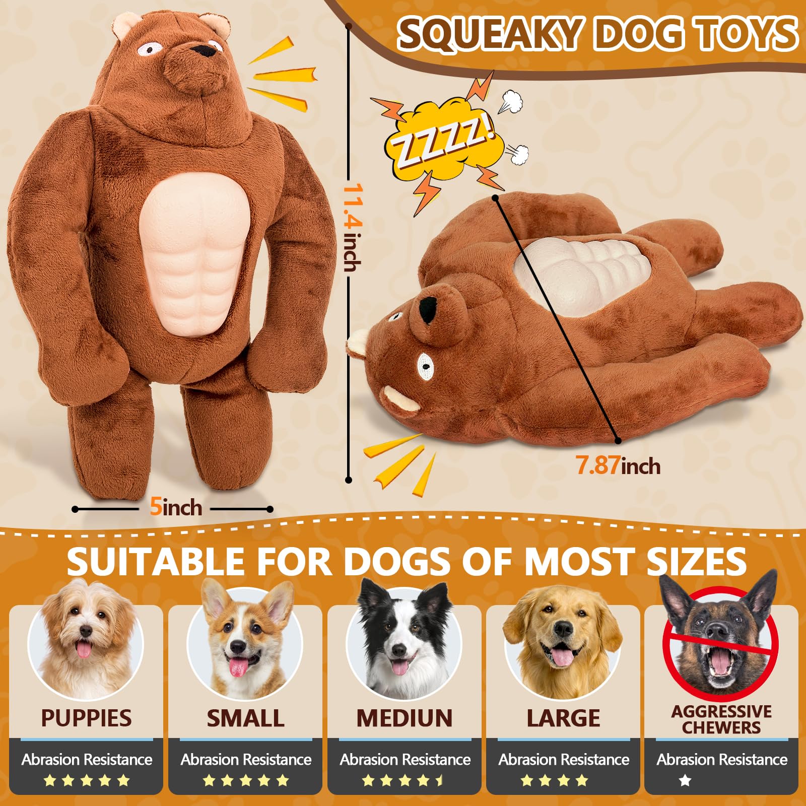 TonyEst Dog Toys, Squeaky Dog Toys for Puppies, Small, Medium and Large Dogs, Durable Plush Dog Toys for Teething and Boredom, Interestingly Dog Toys Bear to Keep Them Busy