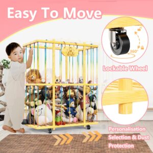 Extra Large Stuffed Animal Organizer, Bamboo Stuffed Animal Zoo Storage Cage, Stuffed Animal Holder with Wheels, Plush Toy Storage Organizer, Stuffed Animals Storage for Nursery Playroom