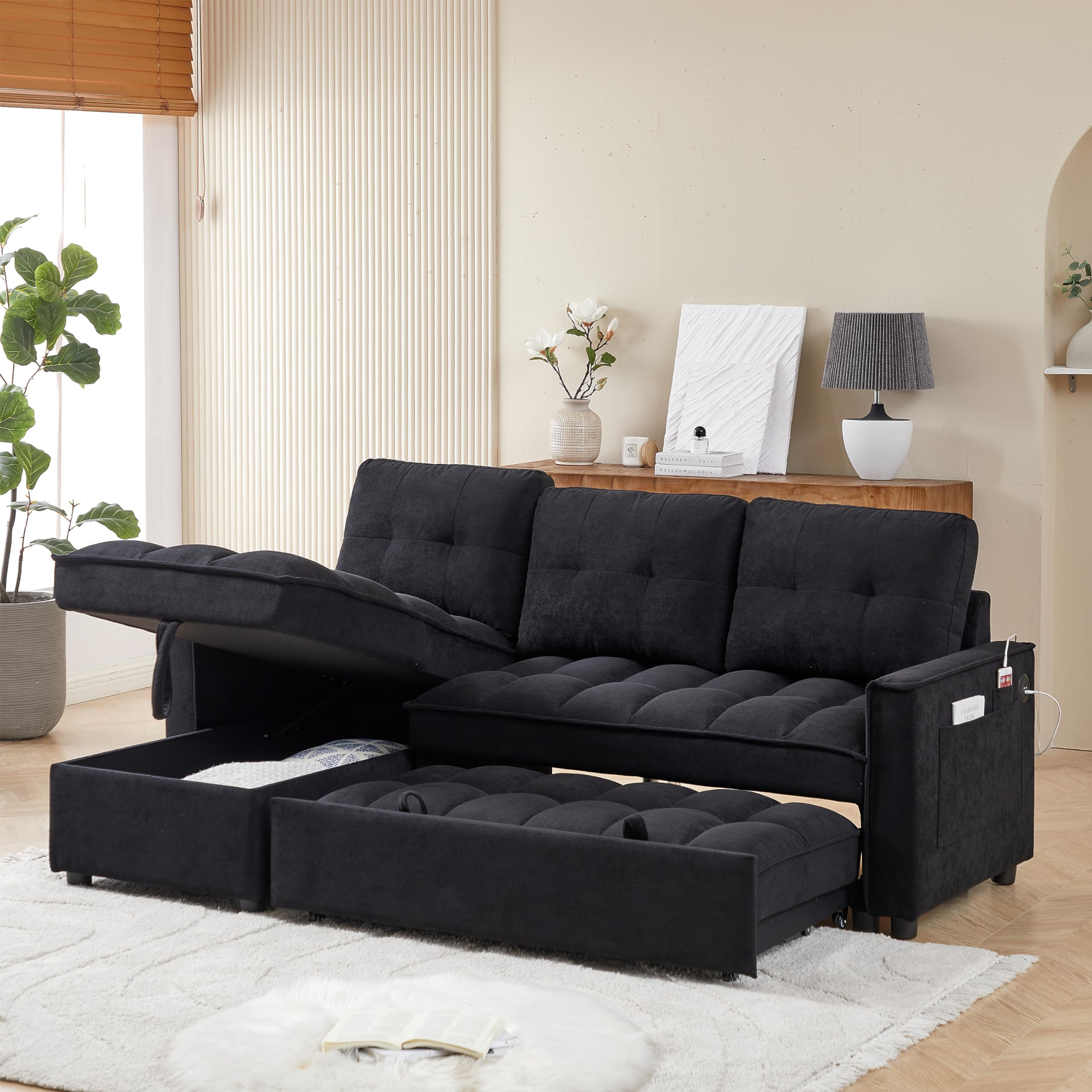 lunhung 78" L-Shaped Sofa,Reversible Sleeper Sectional Sofa with Pull-Out Bed,Comfy Tufted Sectional Couch with Storage Chaise,USB Port&Side Pocket,Furniture Set for Living Room,SmallSpace (Black)