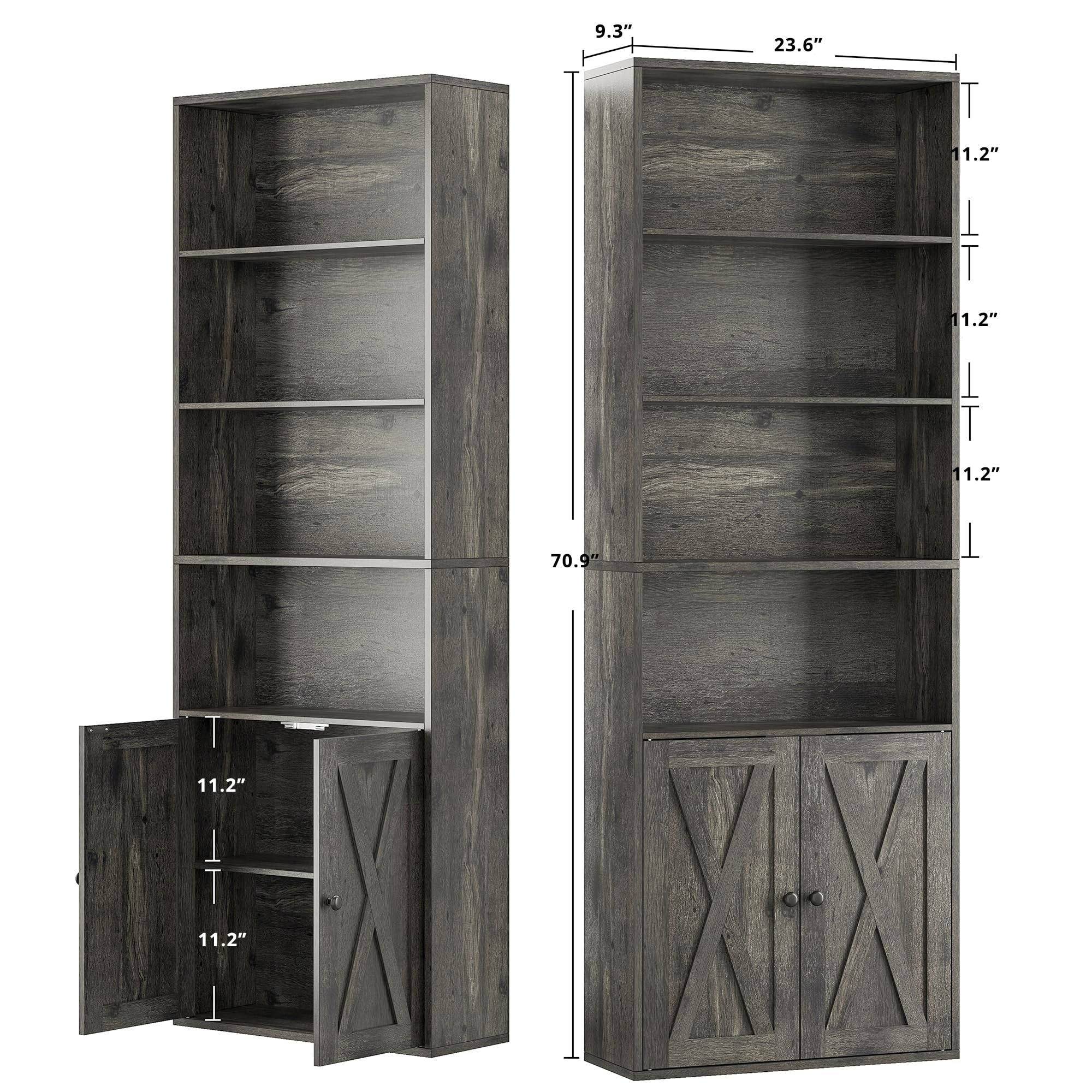 IRONCK Industrial Bookshelves and Bookcases with Doors Set of 2 Floor Standing 6 Shelf Display Storage Shelves 70 in Tall Bookcase for Home Office, Living Room