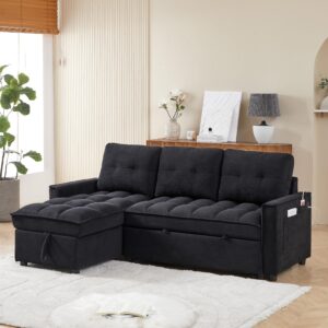 lunhung 78" l-shaped sofa,reversible sleeper sectional sofa with pull-out bed,comfy tufted sectional couch with storage chaise,usb port&side pocket,furniture set for living room,smallspace (black)