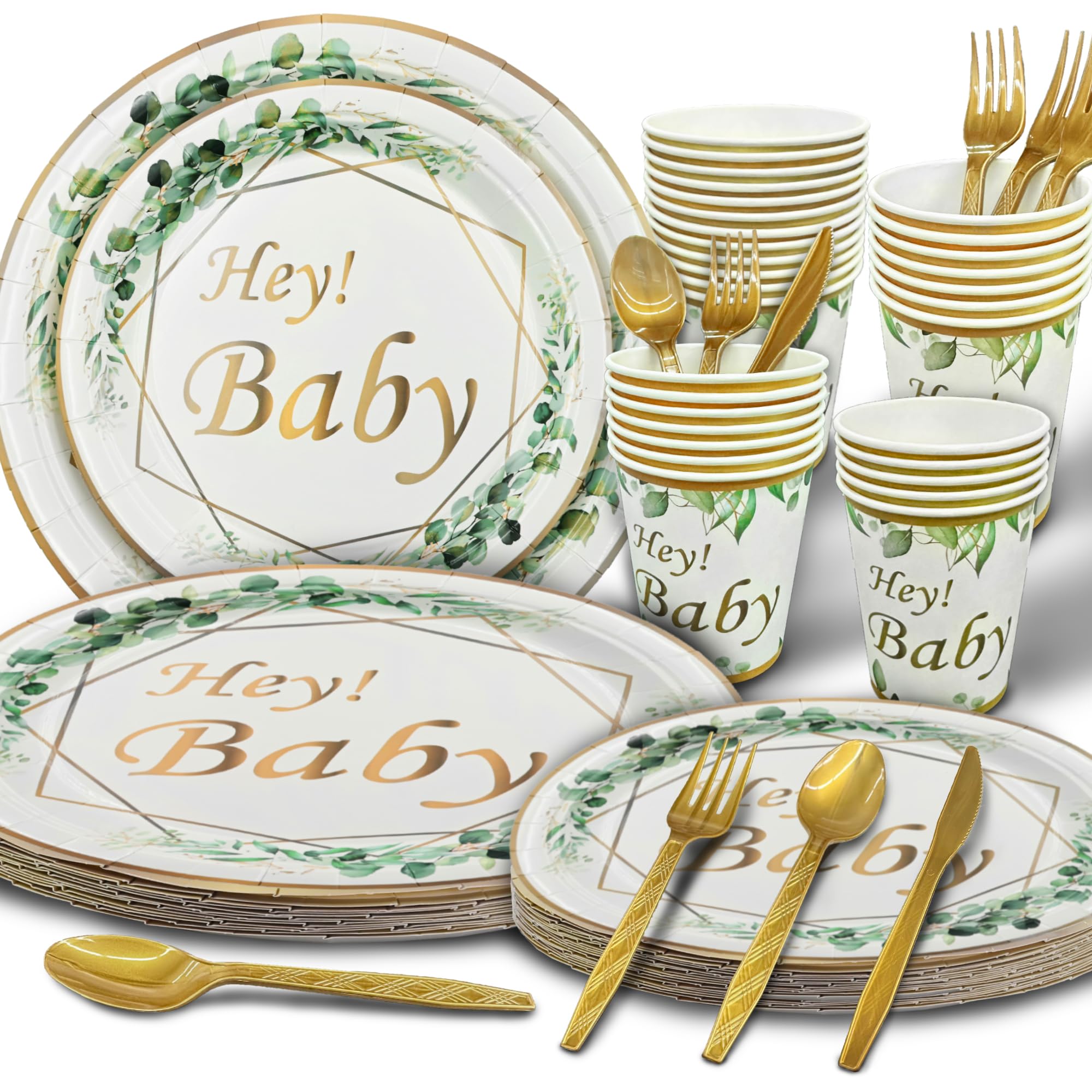 Sage Green Baby Shower Decorations,All In One Set,Neutral Baby Shower Supplies Kit, With 4 Balloon Blocks,12 Tableware Sets, Disposable Plates, "OH BABY" Balloons,Sage Baby Shower Tablecloth, Toppers