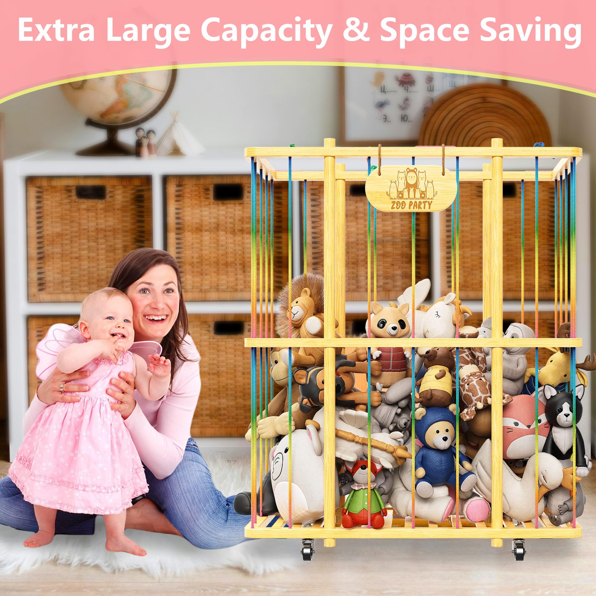 Extra Large Stuffed Animal Organizer, Bamboo Stuffed Animal Zoo Storage Cage, Stuffed Animal Holder with Wheels, Plush Toy Storage Organizer, Stuffed Animals Storage for Nursery Playroom