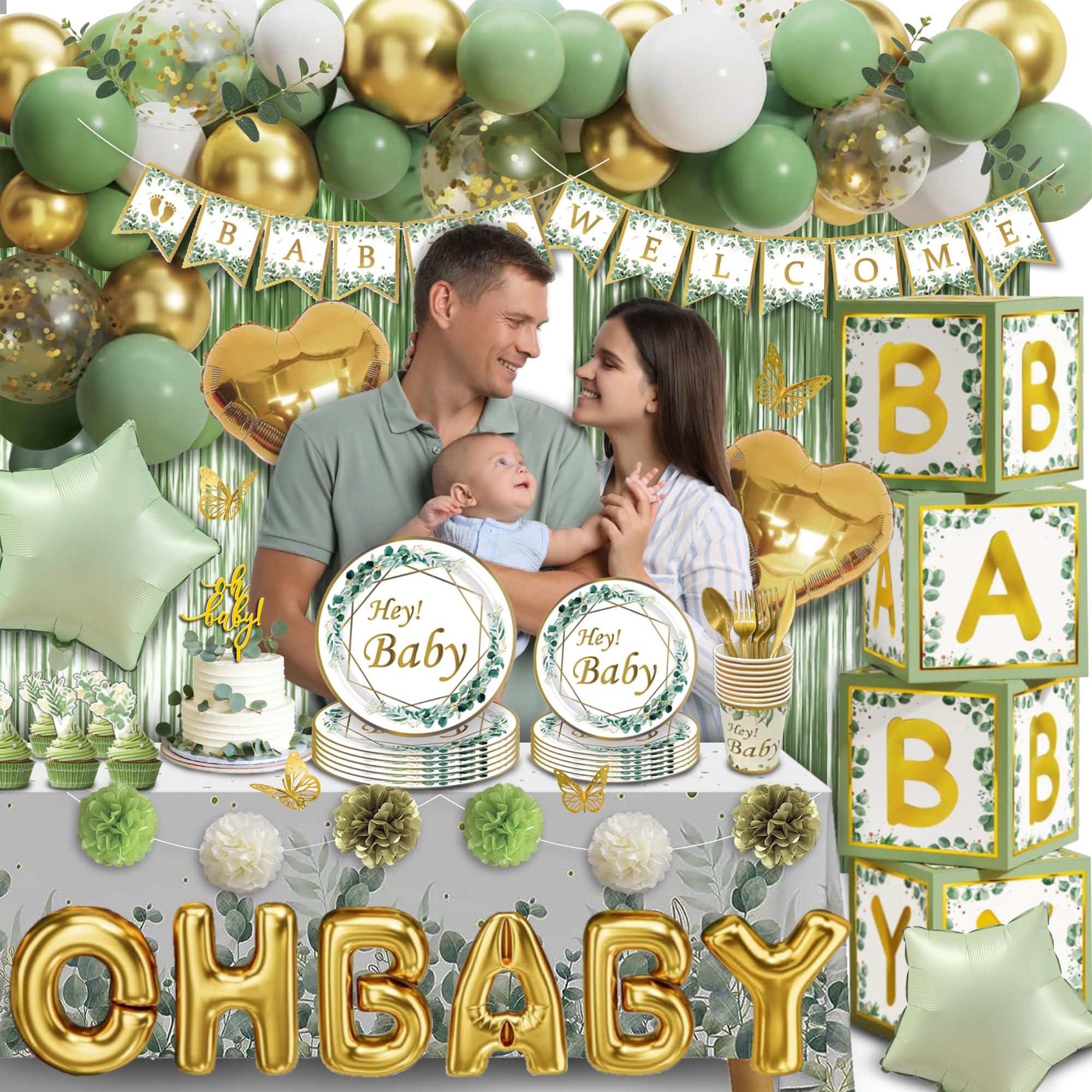 Sage Green Baby Shower Decorations,All In One Set,Neutral Baby Shower Supplies Kit, With 4 Balloon Blocks,12 Tableware Sets, Disposable Plates, "OH BABY" Balloons,Sage Baby Shower Tablecloth, Toppers